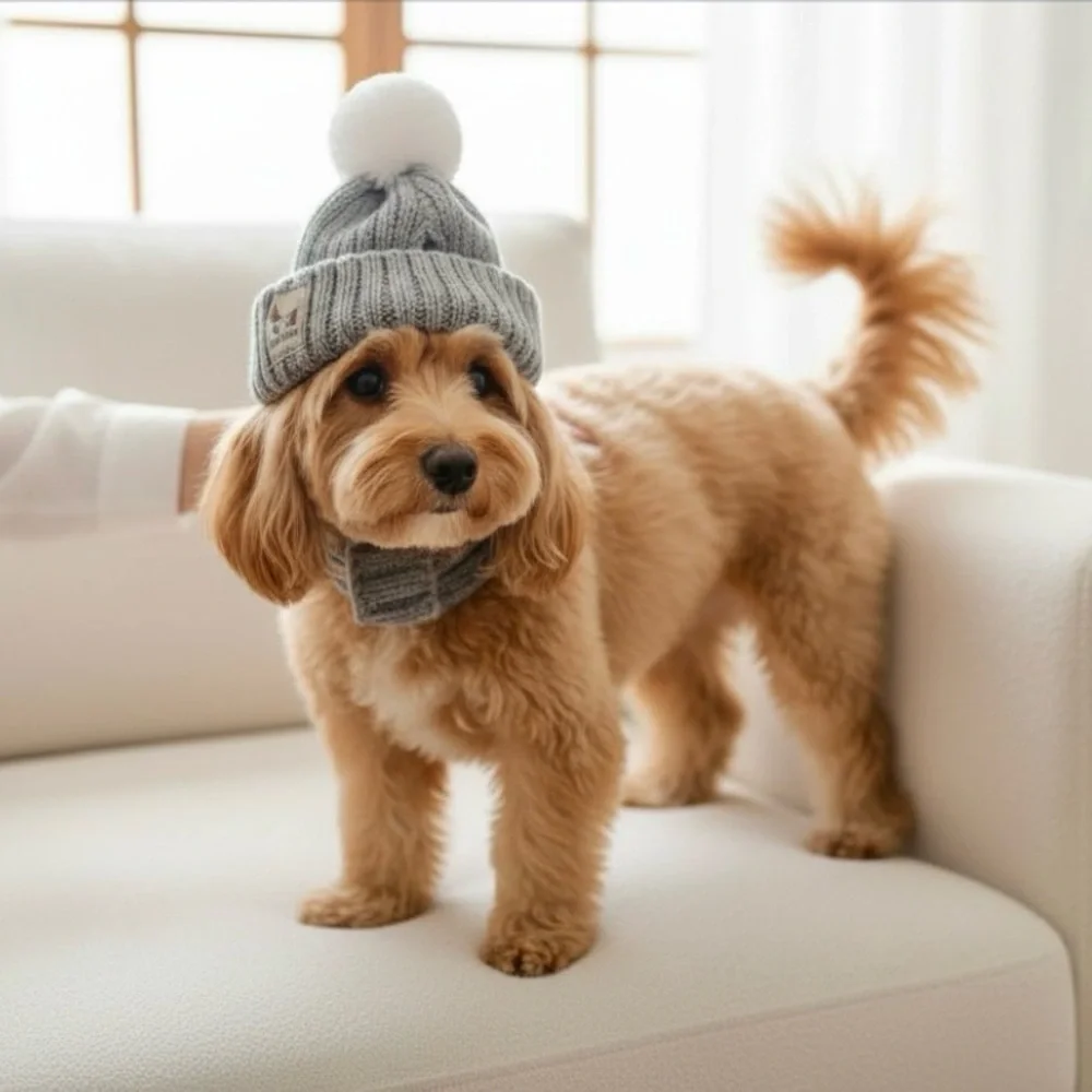 HAPPY DOOOOOG Soft Knit Dog Hat w/Pom Trim, Ear Holes + Chin Strap in Grey - NWT - Picture 3 of 13